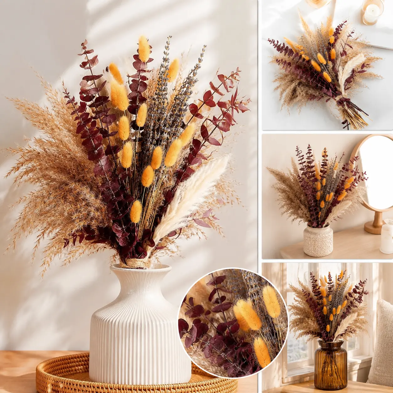Fall Dried Flower Bouquet with Pampas Grass Orange Bunny Tails Eucalyptus Boho Fall Decor for Home Vase Thanksgiving Autumn Floral Arrangement