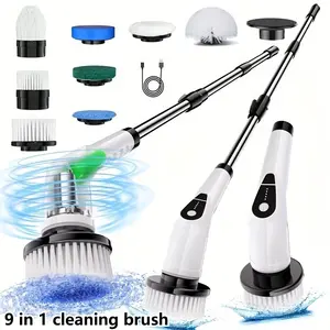 Electric spin scrubber, Cordless, Waterproof, with 8 brush head replacements, adjustable extendable handle. suitable for household floor, room, bathroom scrubber, bathtub, tile and vehicle. cleaning brush. 9 in 1 brush.home essentials.home cleaning tool