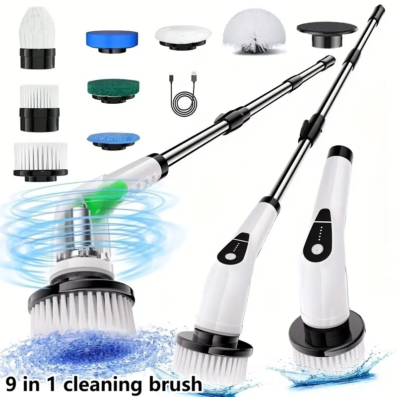 Electric spin scrubber, Cordless, Waterproof, 9 in 1 brush,scrubbing brush, adjustable extendable handle. suitable for household floor, room, bathroom scrubber, bathtub, tile and vehicle. cleaning brush. home essentials.home cleaning tool