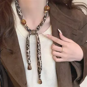 Women's Adjustable Length Leopard Print Handmade Beaded Silk Scarf Necklace, 2026 Niche Fashion Design, Elegant Premium Material Accessory with Exquisite Temperament, Hand Finished, for Daily Wear, Adjustable Necklace, Handmade Beaded Necklace,summervibes