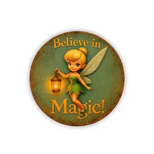 DISNEY CLASSIC Tinker Bell "Believe in Magic!" Round Vintage Metal Tin Sign - Retro Fairy Wall Decor, Rustic Tinkerbell Art for Garden/Patio/Kids Room, Perfect Disney Fan Gift