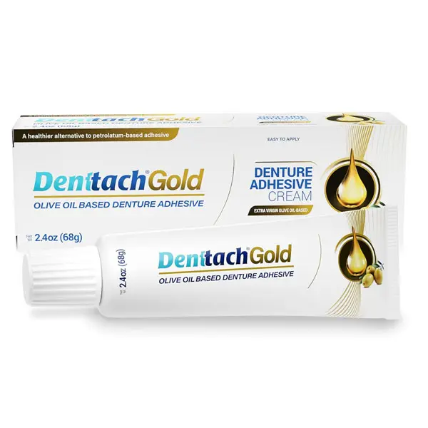 Denttach Gold Denture Adhesive, Petroleum Free Olive Oil Based Premium Denture Adhesive Cream for Full and Partial Dentures, All Day Secure Hold Denture Glue, Zinc Free, 2.4 Ounce
