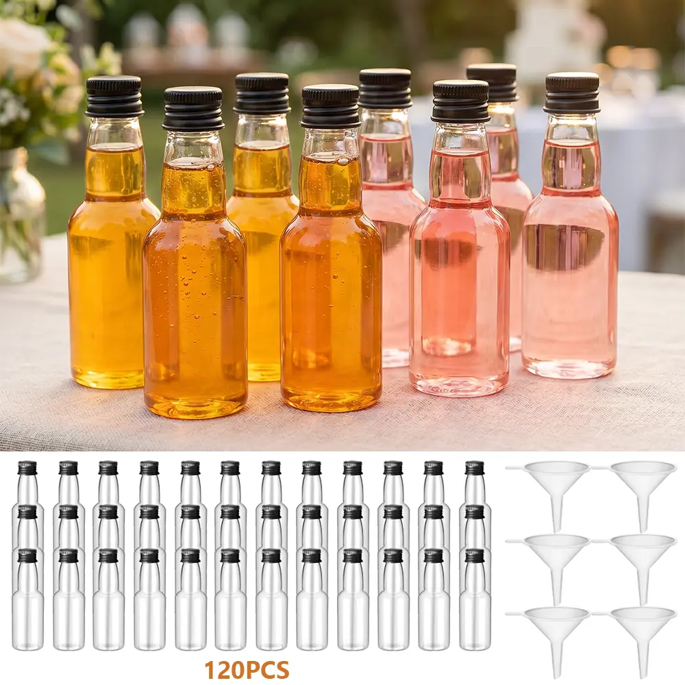120PCS Mini Liquor Bottles, Plastic Spirit Bottle, 2oz Mini Empty Plastic Alcohol Shot Bottles with Funnels, Airtight Shot Bottles Miniature Bottles for Party Favors, Weddings