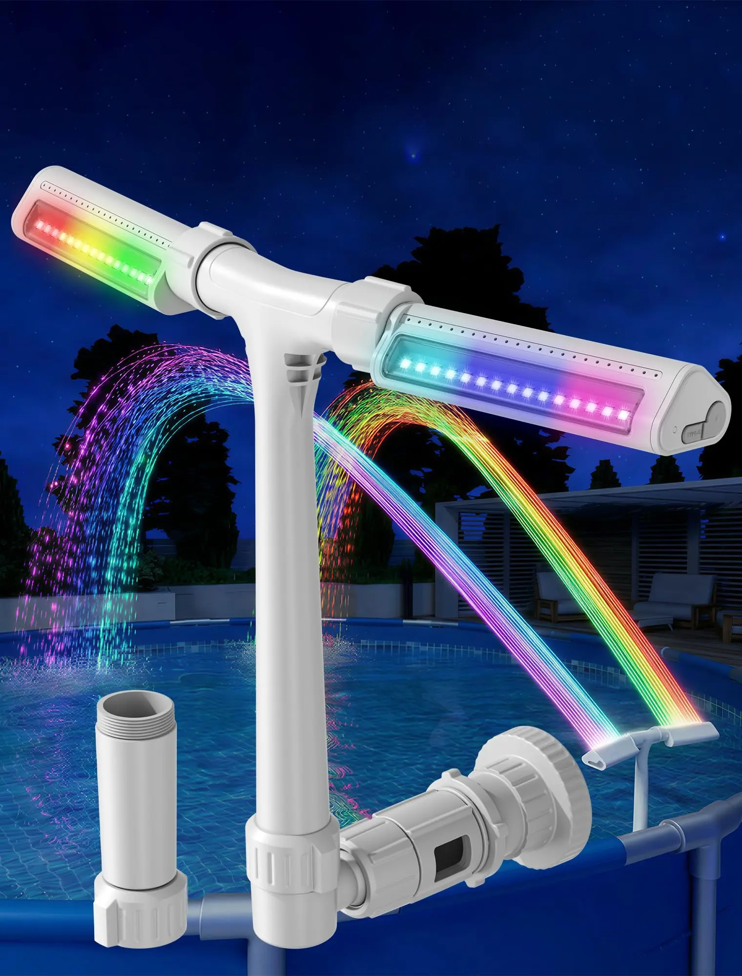 POOLHOUR Pool Fountain with Colors Rainbow Lights for Above Ground/Inground Pools, Dual-Head Adjustable Pool Waterfall & Pool Sprinkler with Timer, 5000mAh Battery, Remote-Controlled (White) Lighting