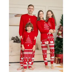 Christmas family long sleeved pajamas set, Christmas tree and polar bear snowflake print, round neck two-piece home outfit, parent-child Christmas pajamasRAIMENTRY