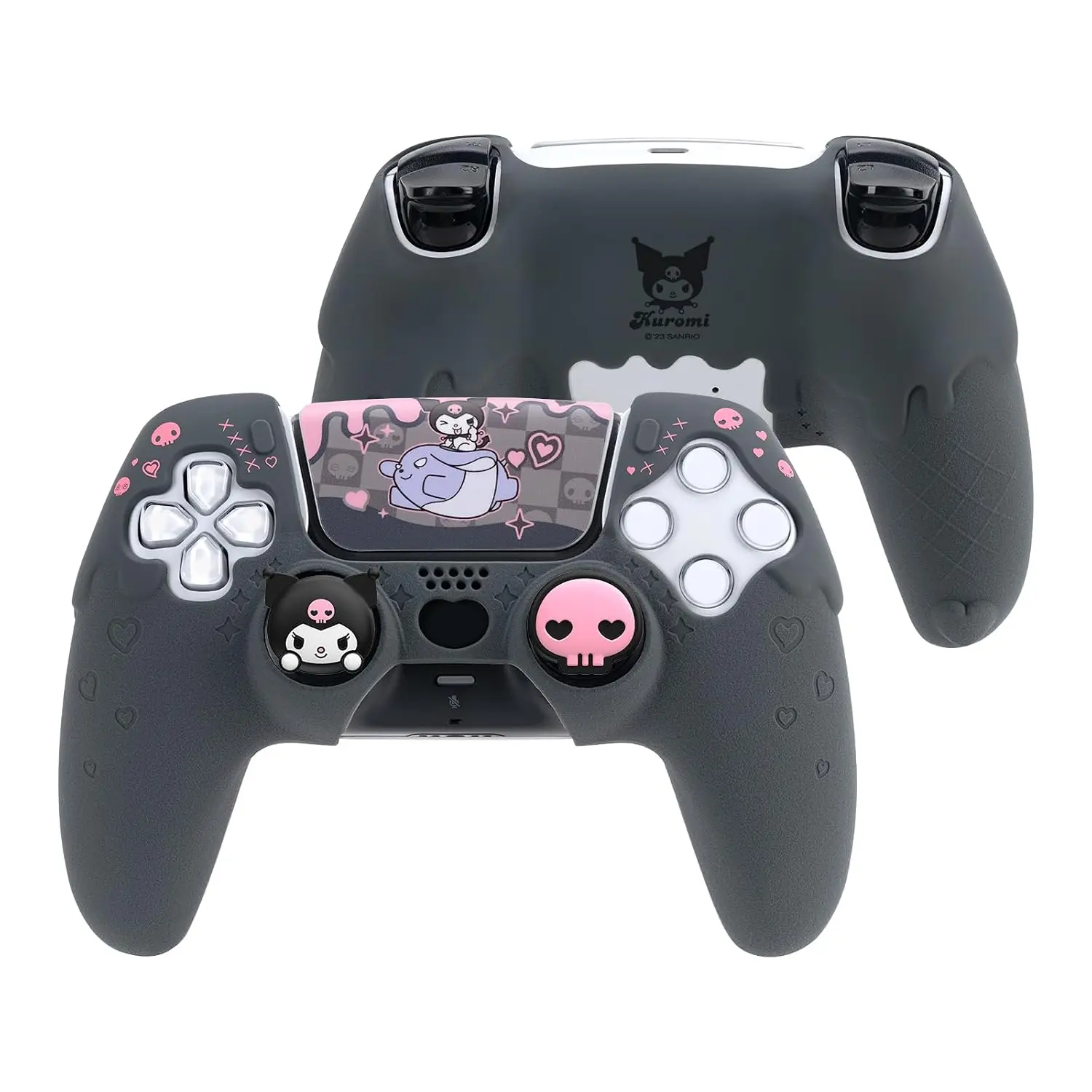 Kuitmor Silicone PS5 Controller Cover Skin Set, Anti-Slip Soft Protective Case for PS5 Wireless Controller with 2 Thumb Grip Caps and 1 Sticker (Black Kuromi)