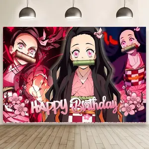 Demon Slayer Happy Birthday Backdrop Large Banner for Theme Party Supplies Vibrant Landscape Ideal for Booths Studio Props Festive Decor Gifts Dorm Party Wall Decor