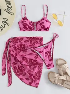 Three-piece Set Set Women's Leaf Print Bikini Set, Sexy Chic Swimsuit Set, Ladies Swimwear for Beach Holiday Vacation, Bikinis Sets, Spaghetti Strap Bikini