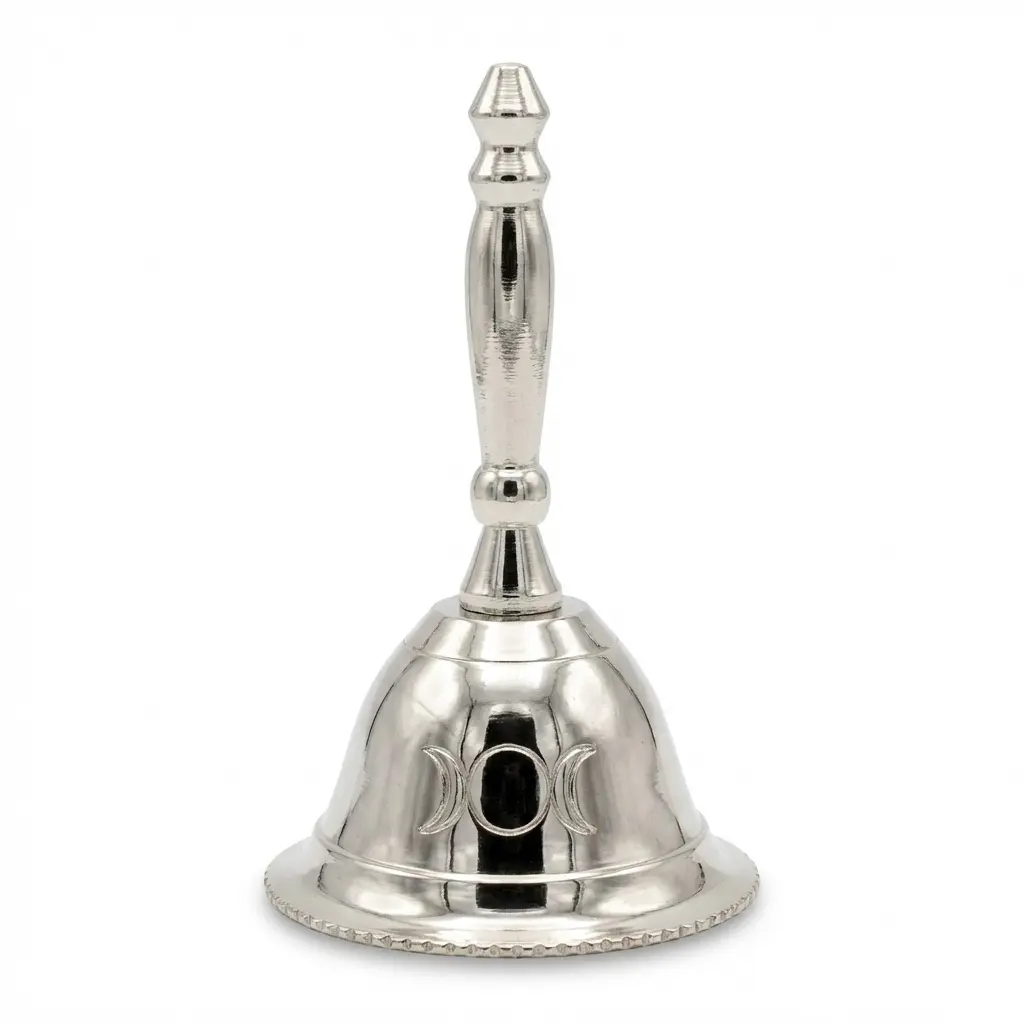 Triple Moon Altar Bell Silver-Tone Metal — Miniature 5 Inch Ritual Bell