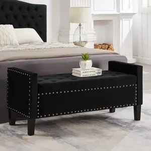Storage Bench Ottoman Upholstered Tufted Button Storage Bench with nails trim,Entryway Living Room Soft Padded Seat with Armrest,Bed Bench-Black