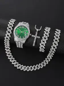 Luxury Quartz Watch with Diamond-Encrusted Steel Bands - Four-Piece Set, Hip-Hop Cuban Bracelet Matching Pack, Elegant Jewelry Set