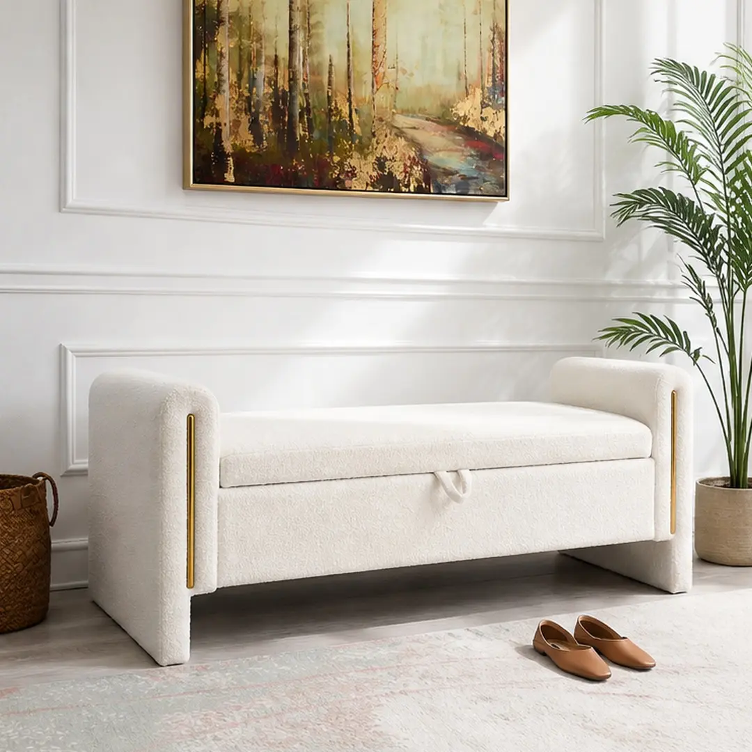 ARCH Modern Teddy Upholstered Storage Bench Ottoman with Arms, Multiple Color Options, Comfy Foot Rest Stool, Bedroom Living Room Entryway Dorm Window Vanity Seat, Cream/Grey/Navy Blue/Orange/Olive Green/Coffee, 52.3"L x 18.5"W x 24.4"H