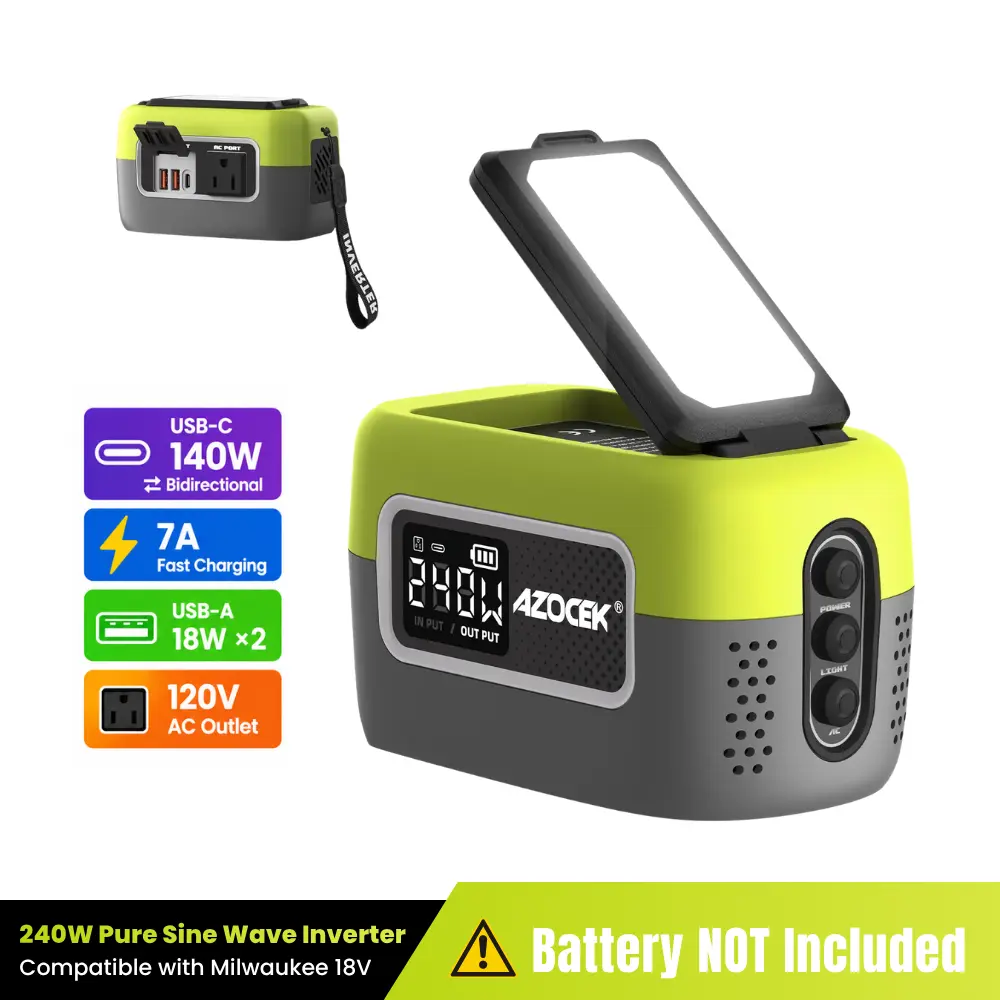 Azocek 240W Power Inverter Pure Sine Wave Compatible with Ryobi 18V Battery(No Battery), 7A Fast Charger, Portable Power Station with 120V AC Outlet, USB-C (140W), 2 QC USB Ports(18W), 600LM LED