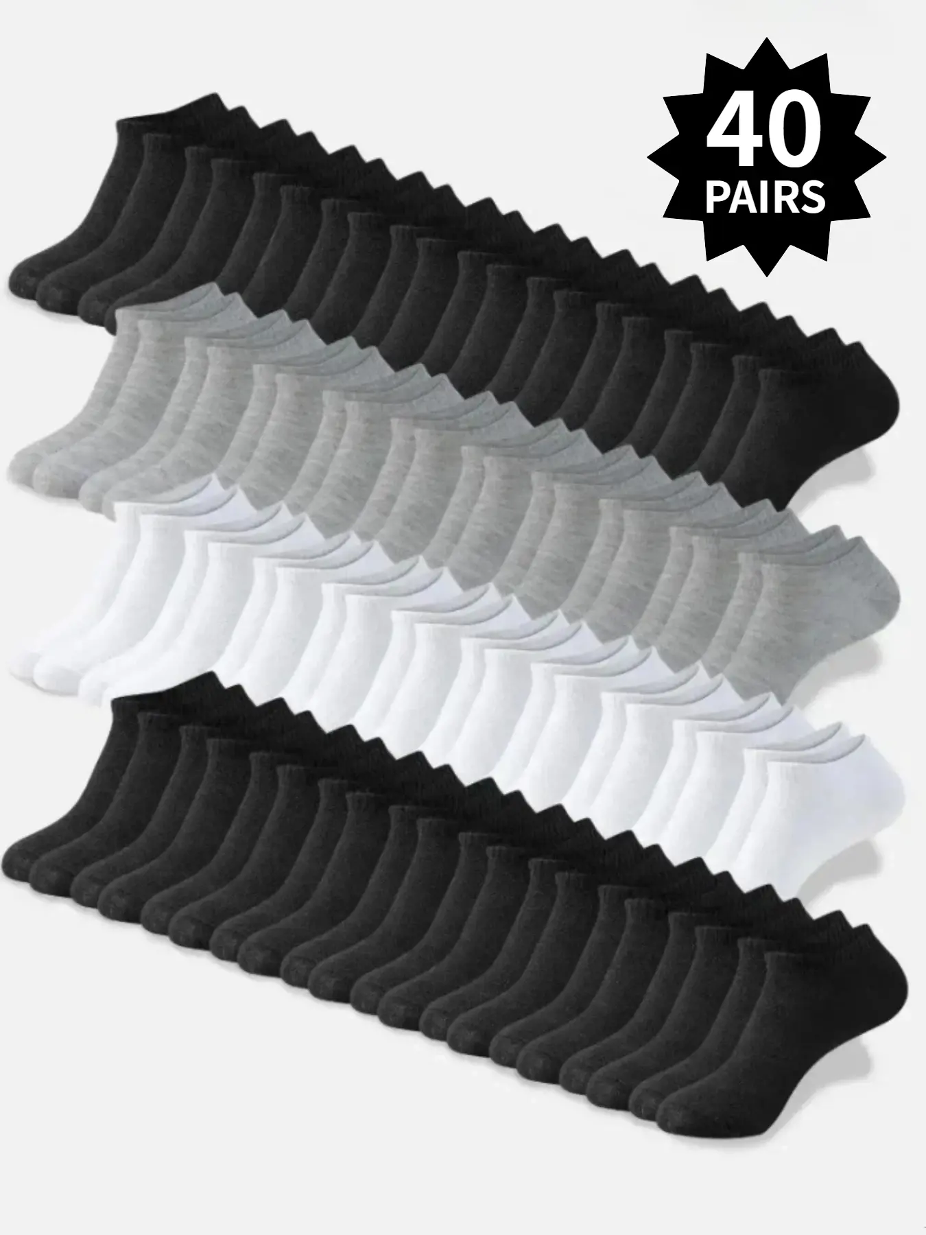40 pairs of minimalist solid-color Plain ankle socks. Soft and breathable athletic socks for casual wear. Sporty, stylish and Aesthetic socks in white/black/gray. Minimalist solid-color designs suitable for all seasons. Socks Set Socks Bulk