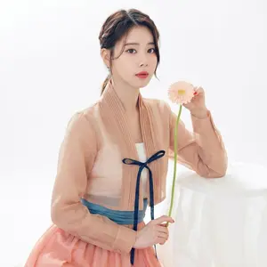 Korean Floral Blouse. Azure Moon Sheer Organza Hanbok Jeogori