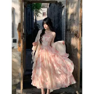2 Piece Dress Sets Women Elegant Chiffon Summer Casual Slim Strap Dress + Fairy Cardigan Fashion Chic Vintage Suit Even Party