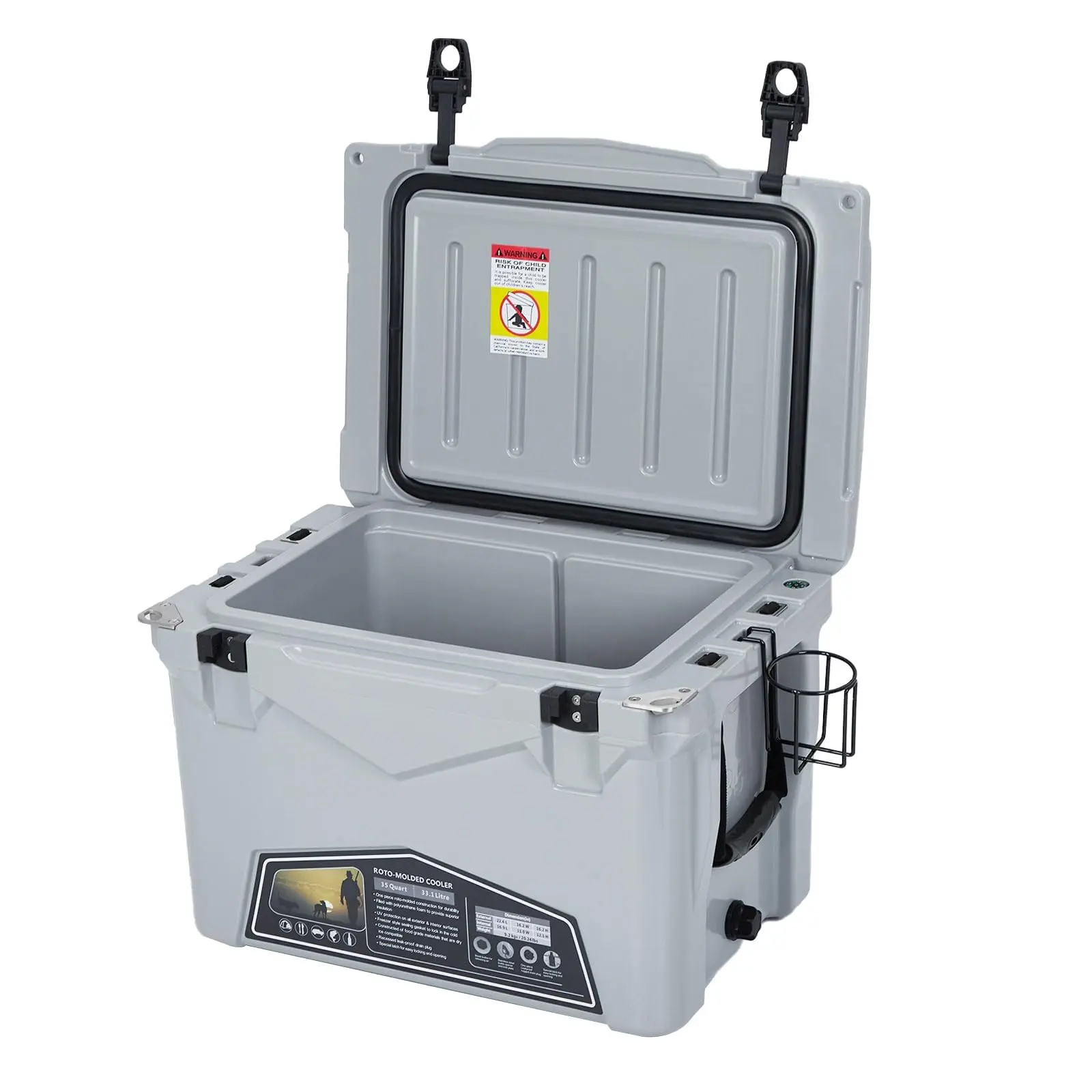 35 Quart Portable Ice Cooler, Heavy Duty Ice Chest with Portable Cup Holder, Fish Ruler, Bottle Openers, Camping Cooler for Beach Boat ,Cold Grey