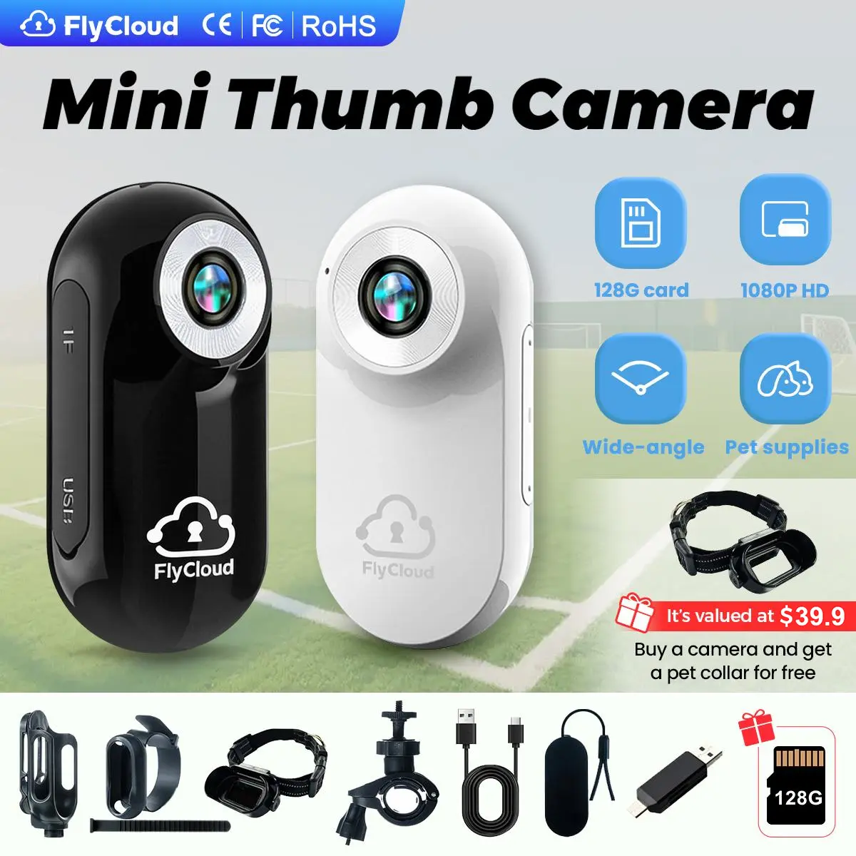 flycloud A100 Digital Camera - 128GB 1080P HD Ultra-Small Mini Magnetic Clip Thumb Recorder with LCD Screen, Long Battery, Micro SD Card, Cap Clip, Bike Mounts, USB, Back Attachment, for Hands-Free Moving Vlog, Cycling Pet Monitoring