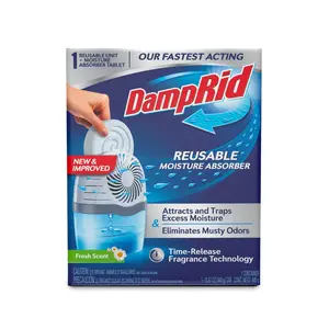 DampRid Drop-In Tab Moisture Absorber Starter Kit (2-Pack), Fastest Acting Moisture Absorber Refills, 360° Ventilation System, for Reusable Dehumidifier, Eliminates Musty Odors in Bathrooms and Basements, Scented or Unscented.