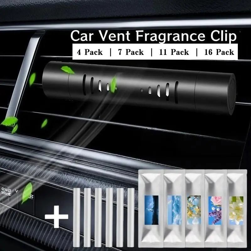 [Car Fragrance Diffuser] 1pc Aluminum Alloy Car Fragrance Diffuser & 3-16pcs sponge stick - No Chemicals, Battery-Free, Automotive interior supplies, Car Vent Clip, Dashboard Air Freshener, Car Interior Perfume, Car Aromatherapy Refill, Car Diffusers
