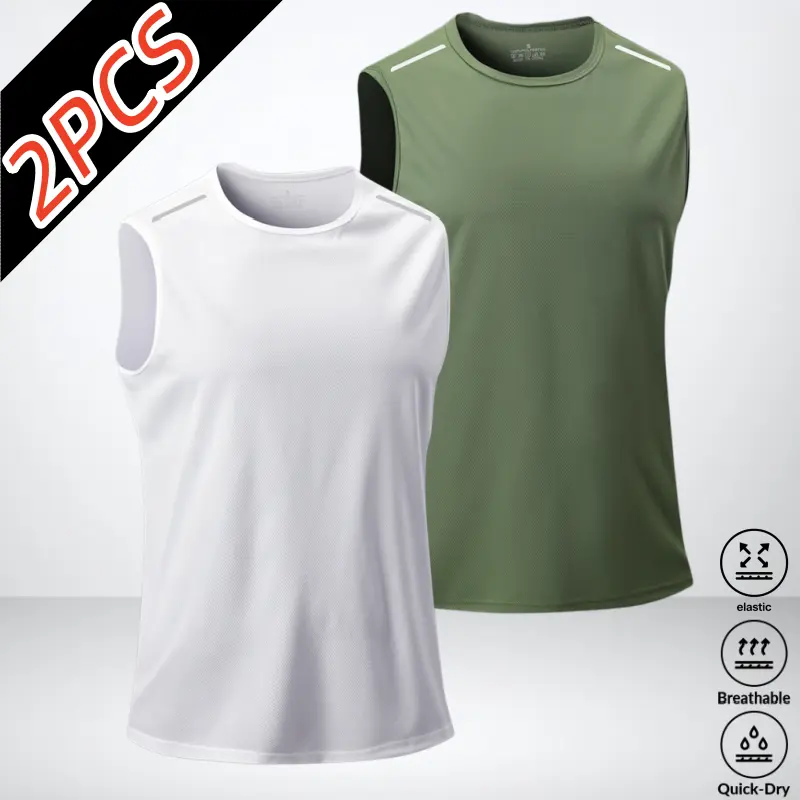 2-Pack Men’s Reflective Quick-Dry Sports Tank Top for Night Running, Summer Ice Silk Cooling Breathable High Stretch Fabric, Crew Neck Slim Fit Running Fitness Outdoor Casual Versatile Sleeveless Shirt sohochic, Sleeveless Sports Tops, Sports Singlet