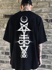 Men's short-sleeved Fitted T-shirts printed with Satanic symbols, Luciferian symbols, inverted pentagrams, and evil motifs. Alternative Streetwear