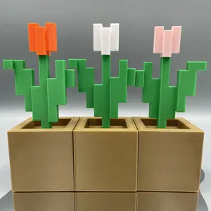 3D Printed Pixel Tulip Flower Decoration, Unique Bedroom and Living Room Home Accent, No Power Needed, Design with Leaves, Pixel Art Flower