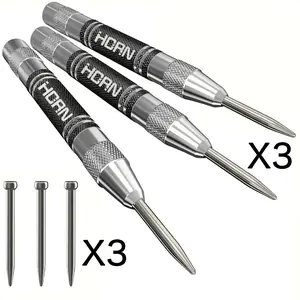 3-Pack Automatic Center Punch Set with 3 Extra Bits - 5" Heavy Duty Steel Spring Punch, Adjustable Tension, Rustproof Polished Finish for Ferrous Materials - DIY, Construction, Automotive