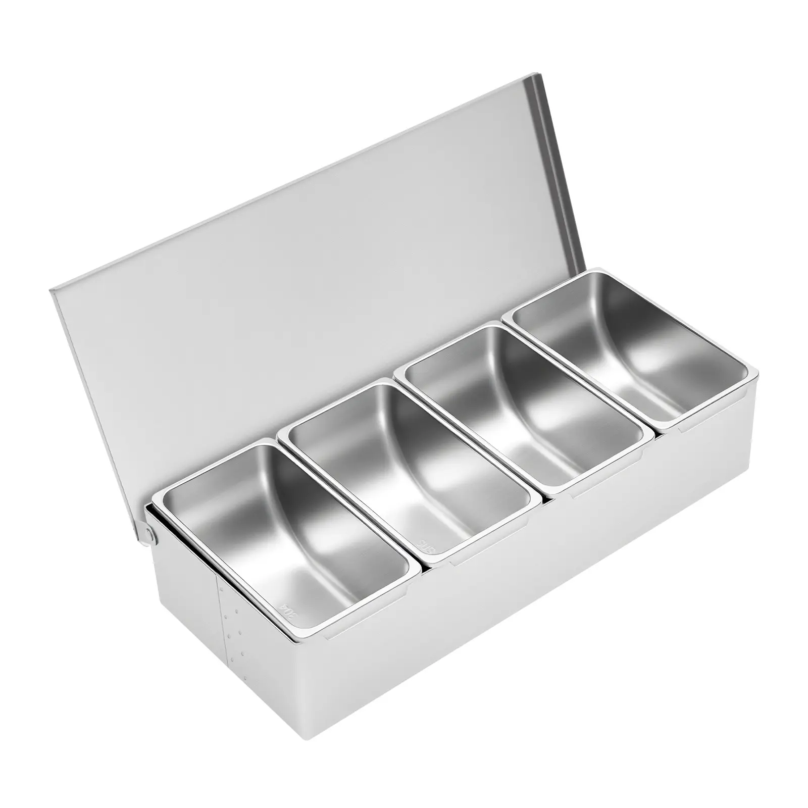 Stainless Steel 4-Slot Condiment Organiser with Spoons, Modern Tabletop Serving Tray, Dishwasher Safe for Restaurants, Home Kitchen