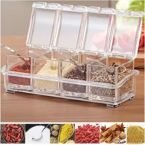 4-Piece Condiment Containers with Lids, Spices Box and Seasonings sets for Salt, Sugar,Pepper-Sugar Container with Spoons Lids Ideal for Countertop Seasoning Organizer, Topping Containers