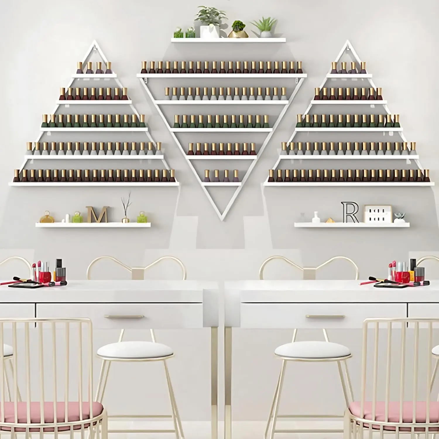 Wall-Mounted Nail Polish Rack, Set of 6 Triangular White Nail Polish Shelf Lipstick Perfume Cosmetic Display Shelf for Home Spa Nail Salon Shop Organiser