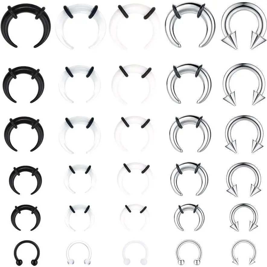 Septum Stretching Kit, 30-Piece Stainless Steel Body Jewelry Set with C-Shape Pinchers & Horseshoe Rings, Unisex 6G-16G Septum Piercing Accessories, Stretching Septum Tools