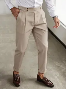 Men's High-Waisted Pleated Suit Pants, Side Button Adjustable Conical Trousers, Comfortable Wrinkle-Resistant, Business Casual Long Pants, Menswear