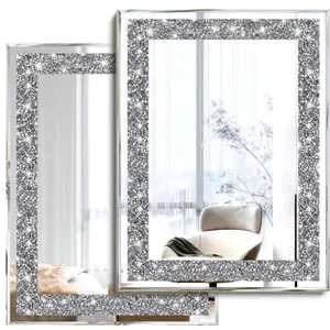 2 Piece Wall Mirrors Crush Diamond Wall Décor Silver Decorative Mirror for Living Room , Bedroom, Bathroom. (11”x15”) Hanging Set Crystal Circle