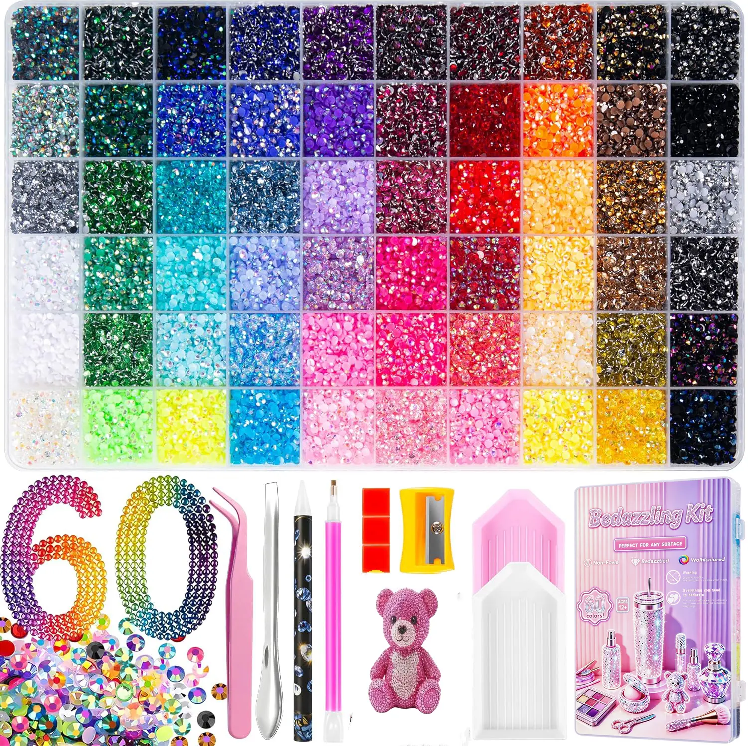 60000Pcs 60Colors 3mm Round Glitter Rhinestones Large Set - Rhinestone Bedazzling Kit, Bedazzled Kit, Nail Tech Supplies, Creative Fun for Nail Art, DIY Crafting, Gift for Her