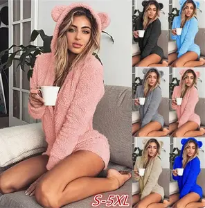 Cute Women's Plush Hooded Jumpsuit in Solid Color - Long Sleeves - Overalls, Womenswear