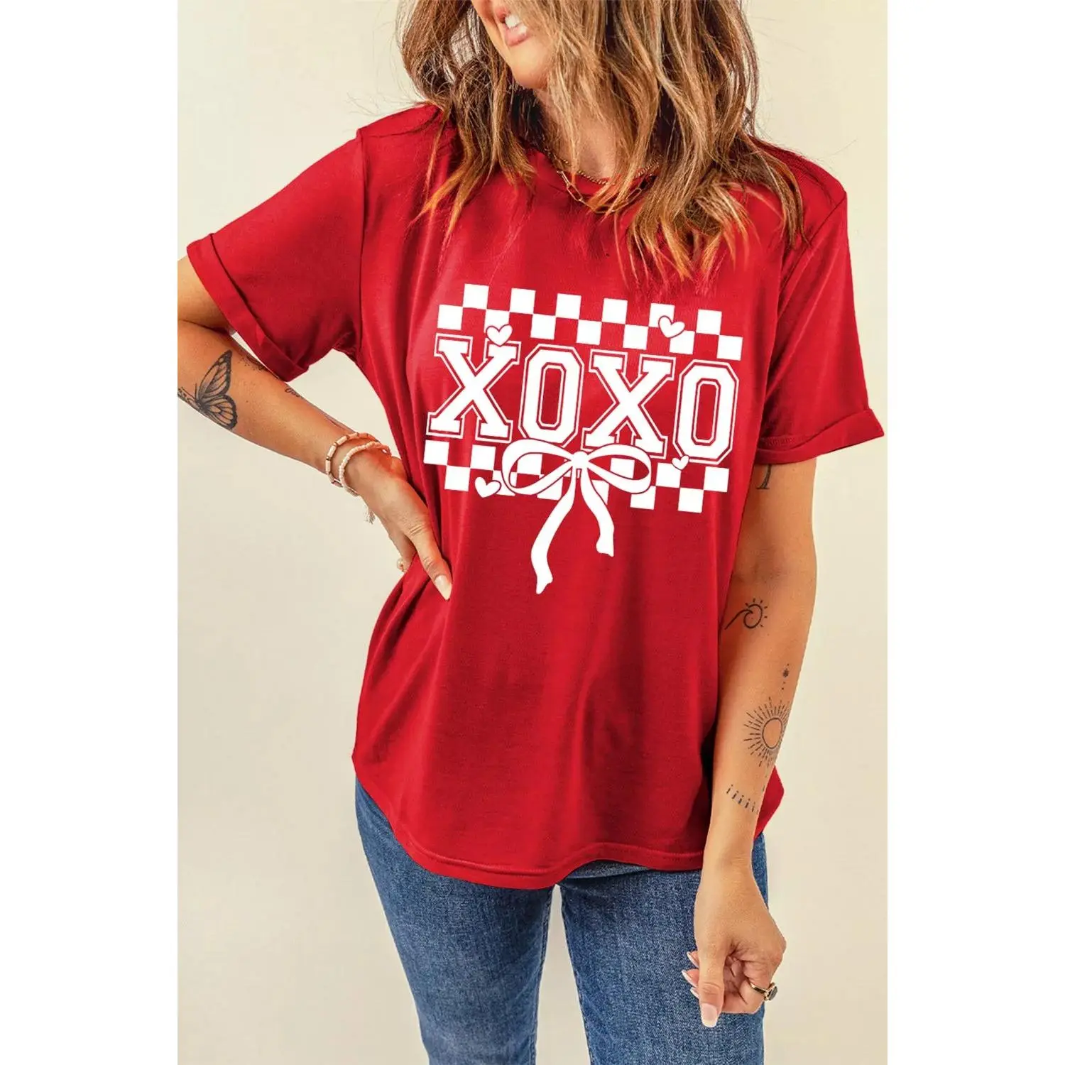 Women's Stretchy Cotton Casual Lady-Style T-Shirt - XOXO Checkered Ribbon Bow Print, Valentine's Day Top, Tshirt