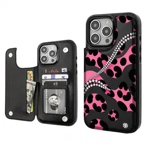 Diamond leopard print Pattern Phone Cases Compatible For With iphone 17 16 15 14 13 12 PRO PLUS MAX AIR PU Black Brown Pink Durable Flip High quality Leather Credit Card Bag Holder Mother Gift Wallet Shockproof Anti-Drop Full Protection Shell Cover