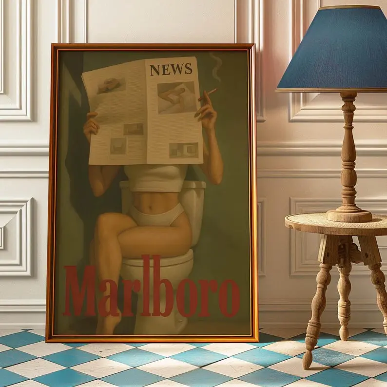 Vintage Marlboro Poster Print - Retro Bathroom Wall Art - Vintage Marlboro Art Print - Smoking Woman Toilet Humor Print - Preppy Posters
