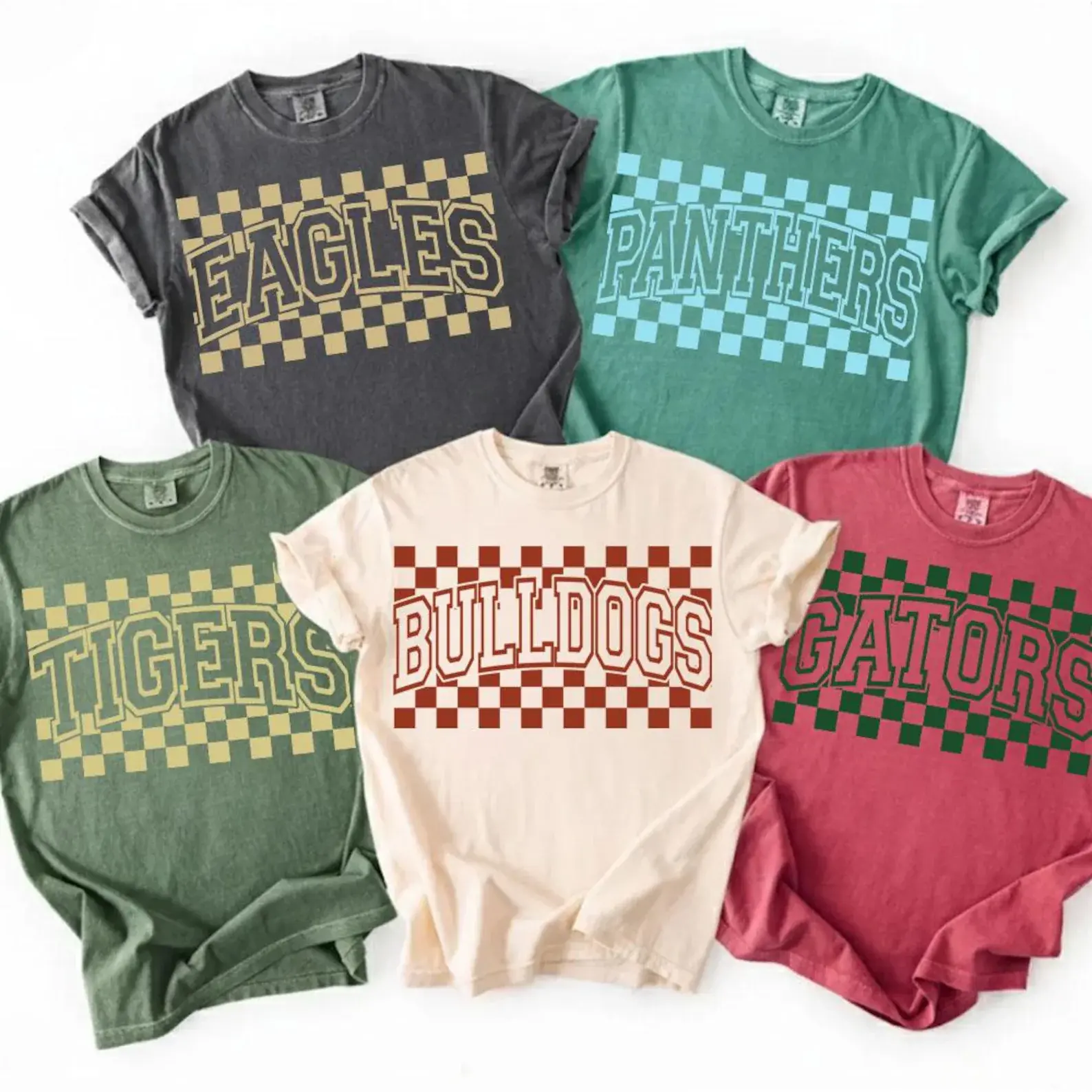 Comfort Colors Custom Neon Checkered Mascot Tshirt, School Mascot Game Day Retro TShirt, Custom School Tshirt, Custom Mascot Shirt, Personalized Football Tshirt, School Spirit Shirt, Gift
