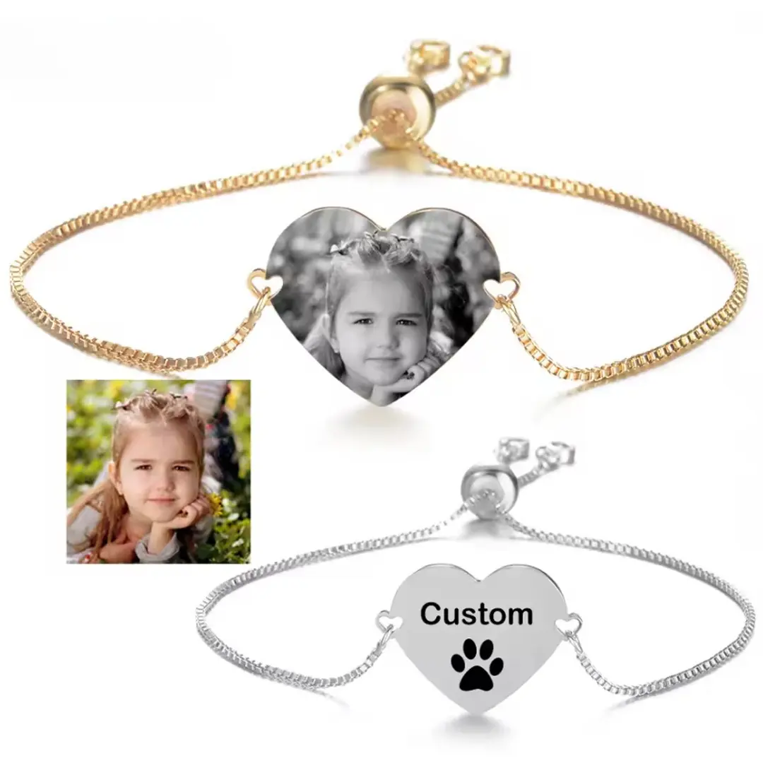 M0115 Custom Engraved Picture-Name-Text Bow Bracelet, Adjustable Casual Stainless Steel DIY Bracelet, Daily Female Holiday Gift, Engraving, Metal Coating, Add Note Text+Photo In Checkout Page, Both Sides-Text+Photo, Chain Jewelry Bracelets & Bangles