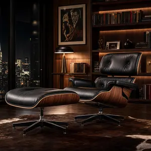 Ellington Collection | Cantilevered Leather-Wrapped Walnut Lounge Chair & Ottoman
