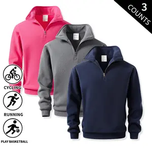 Pack of 3 men’s quarter-zip pullover sweatshirts with soft half-zip collar, long sleeves, loose fit—casual athletic tops suitable for cycling, running, basketball, fall/winter daily outfits.