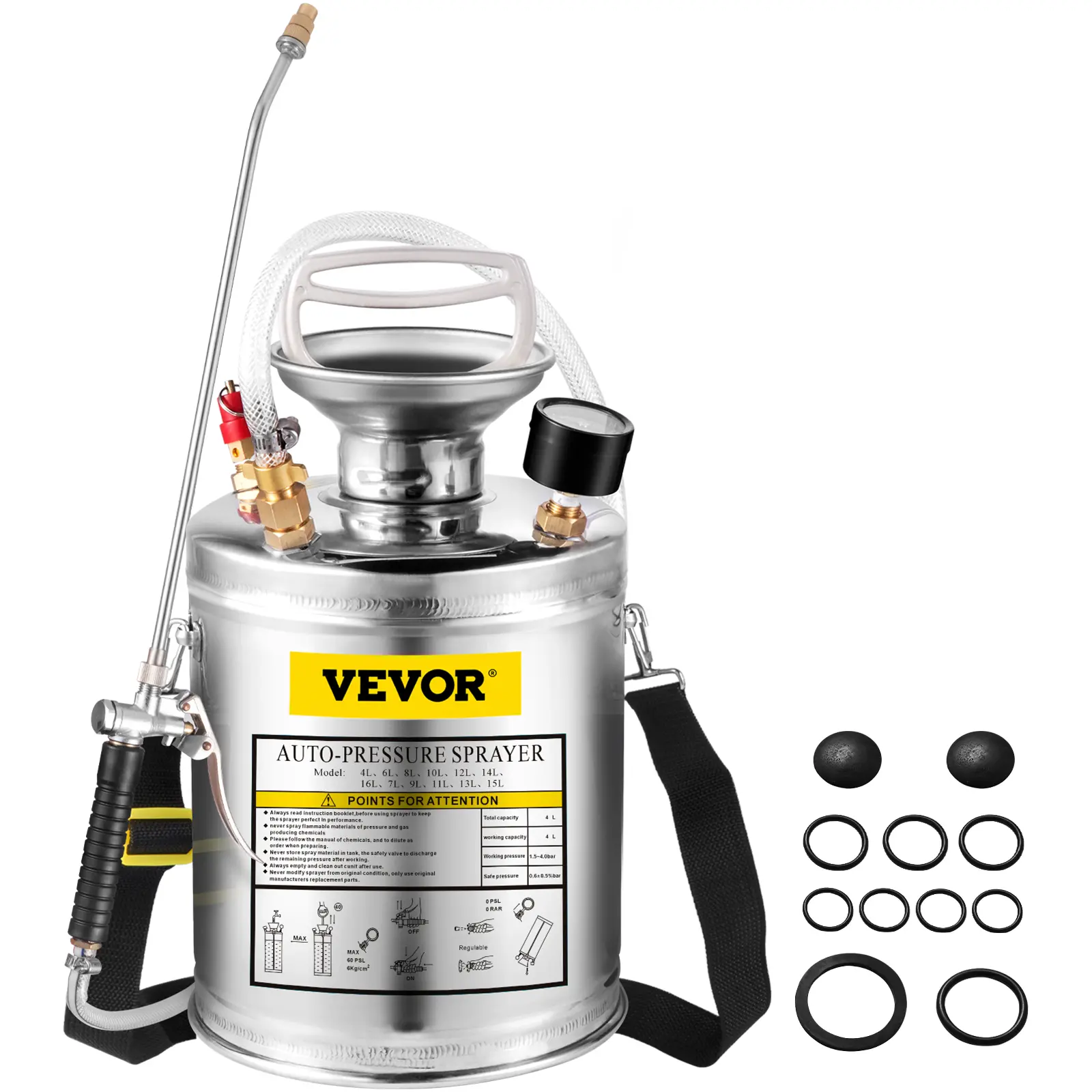 【DealsForYouDays】VEVOR 1Gal Stainless Steel Hand Pump Sprayer, 12" Wand Handle, 3FT Reinforced Hose, Pressure Gauge, Safety Valve, Adjustable Nozzle for Gardening, Sanitizing, Bug Repellent Outdoor, Silver