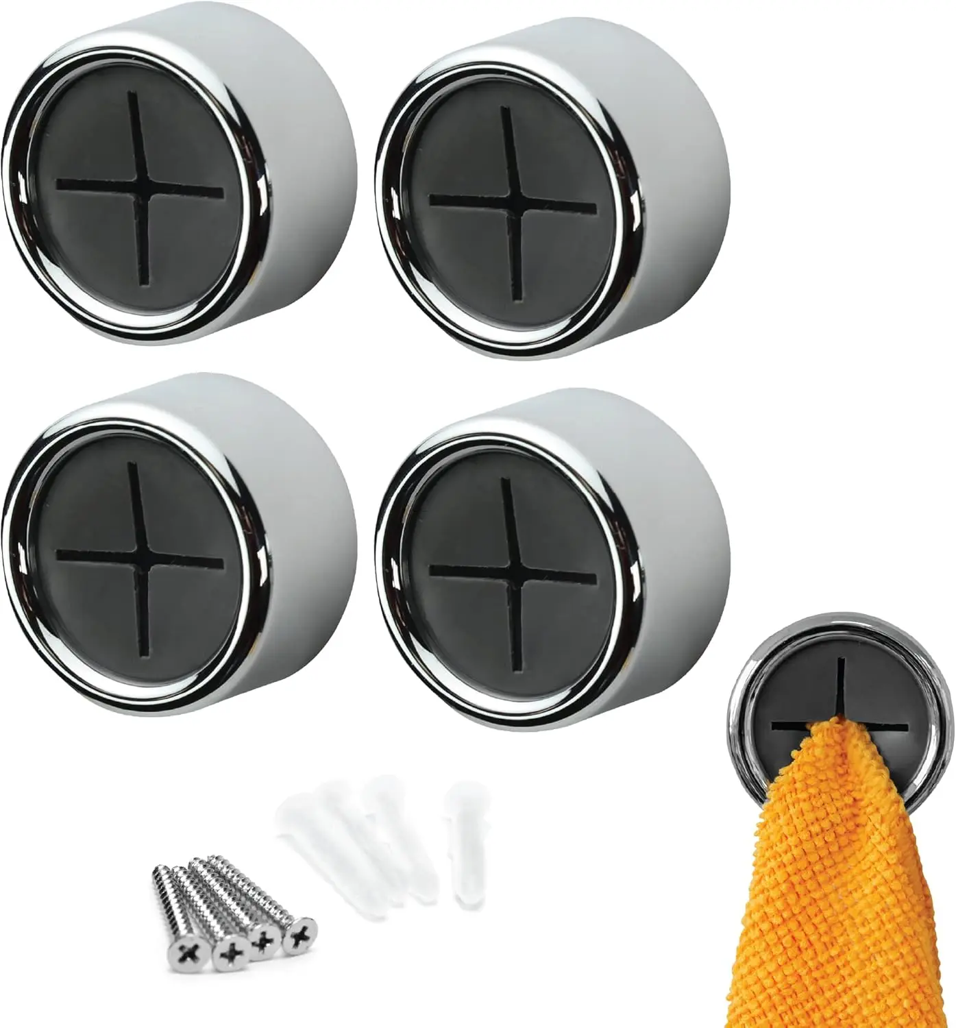 Round Adhesive Push Towel Hooks for Kitchen, Hand and Dish Towels, Grey, 4 Pack