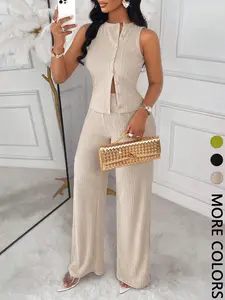 Women's Elegant Business Style Two-Piece Set, Womenswear Sleeveless Top & Straight Leg Pants, Summer Commute, New Arrival