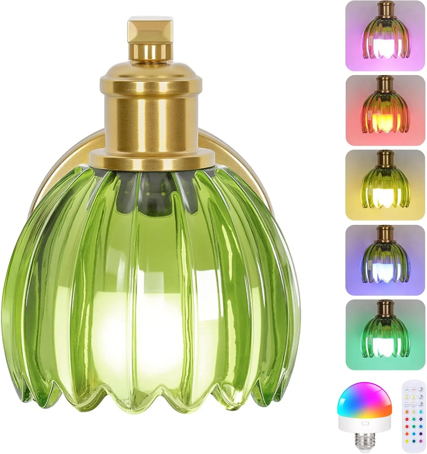 Rechargble Battery Operated Wall Sconce with Green Glass Lampshade, Wireless Wall Scone Decor with Remote Control, 15 Colors Gold Wall Light for Bedside Hallway Bedroom Doorway