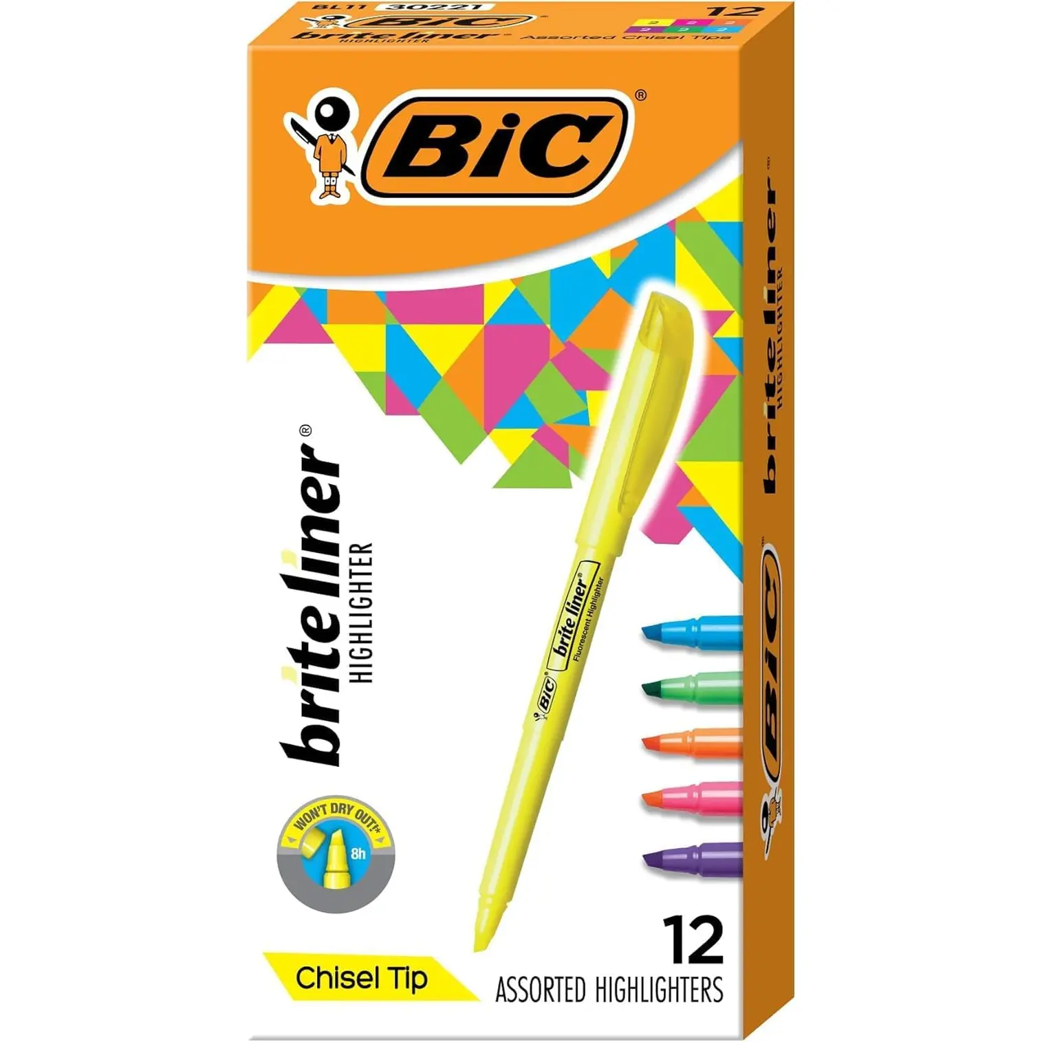 BIC Brite Liner Highlighters, Chisel Tip, School Supplies for Students and Teachers, Ideal for Notes and Textbooks, 12-Count Pack in Assorted Colors