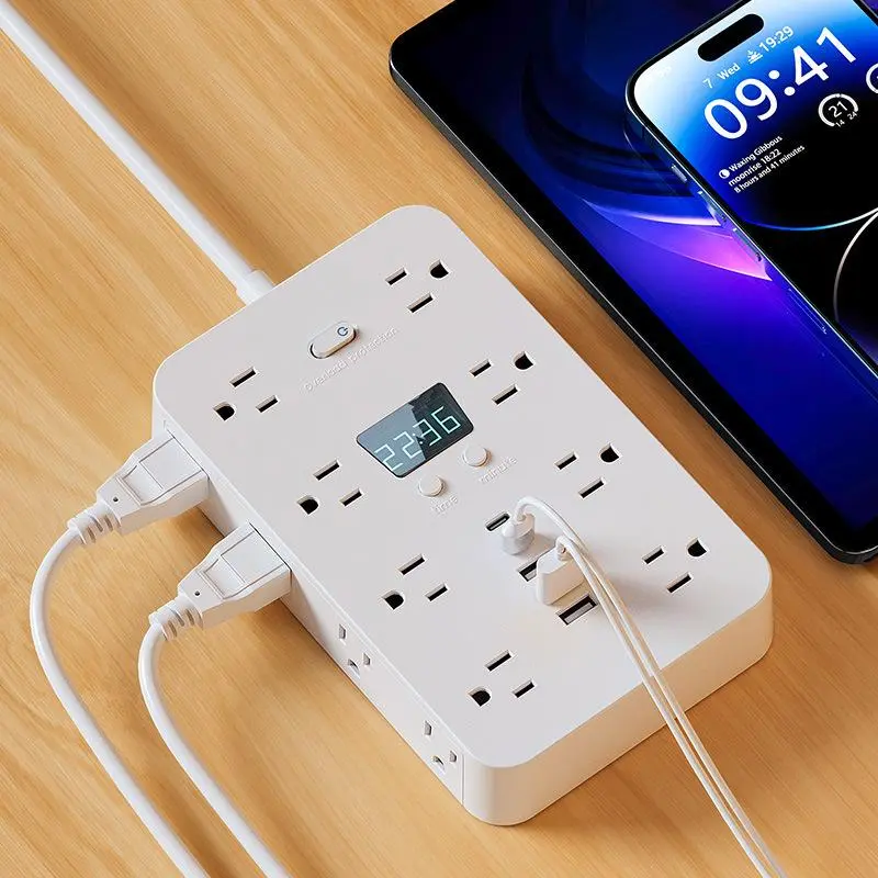 21-in-1 Surge Protector Power Strip with Flat Plug - 16 AC Outlets, 2 USB-C & 3 USB-A Ports, Overload Safety Protection, 45° Angled Flat Plug for Home, Office & Dorm - Black/White