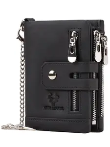 Men's Summer Fashion Plain Nylon Zipper Short Wallet, Casual Trendy Cowhide Leather Card Holder, Male Simple All-match Multi Function Money Bag Wallet Chain, Multi Functional Wallet, Stylish Wallet